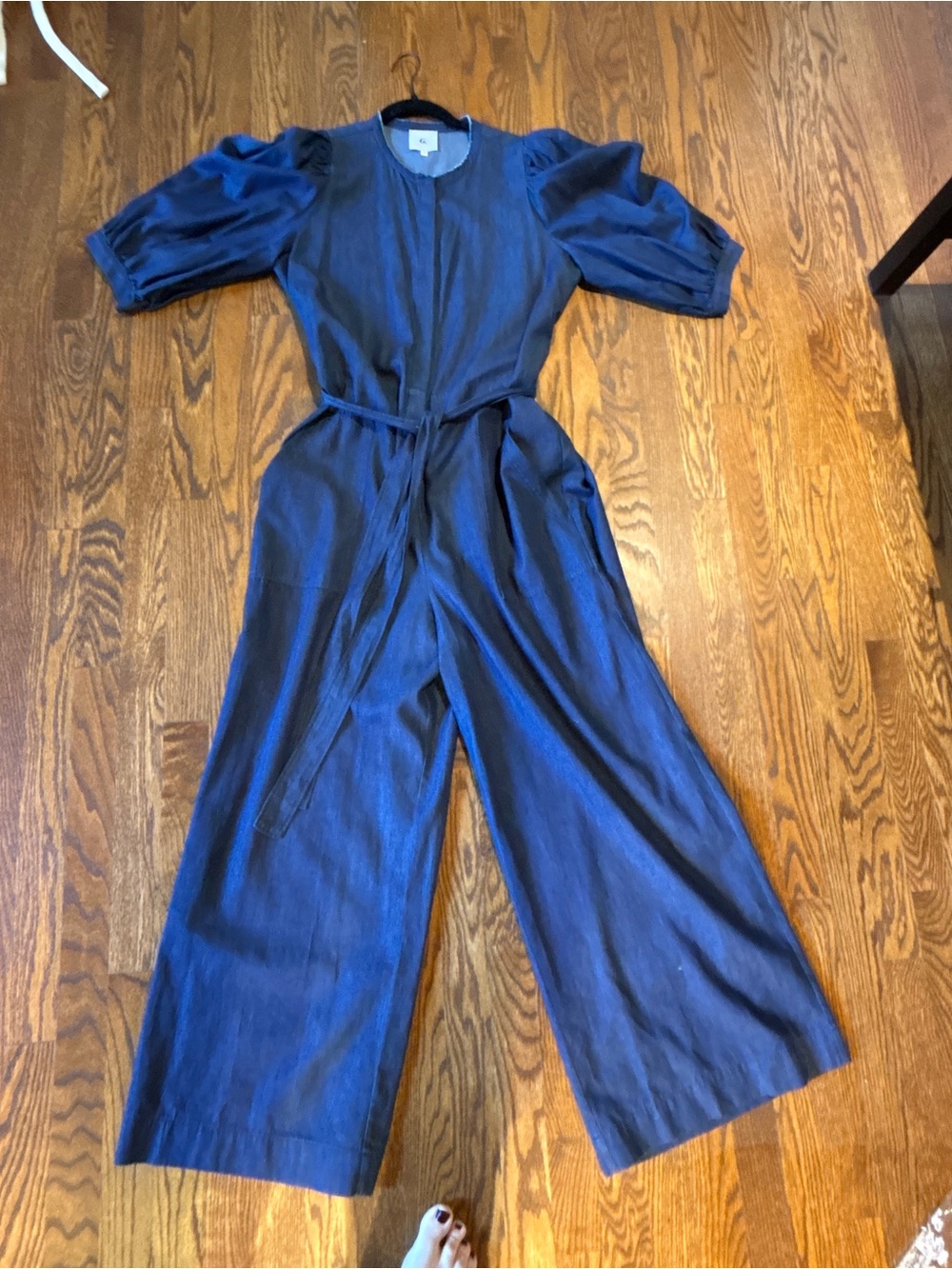Denim Goop Wide-Leg Jumpsuit with Tie Waist, Puff Sleeves